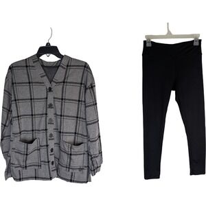 Cuddl Duds Cardigan Lounge Set Womens Petite Small Charcoal Plaid Comfortwear